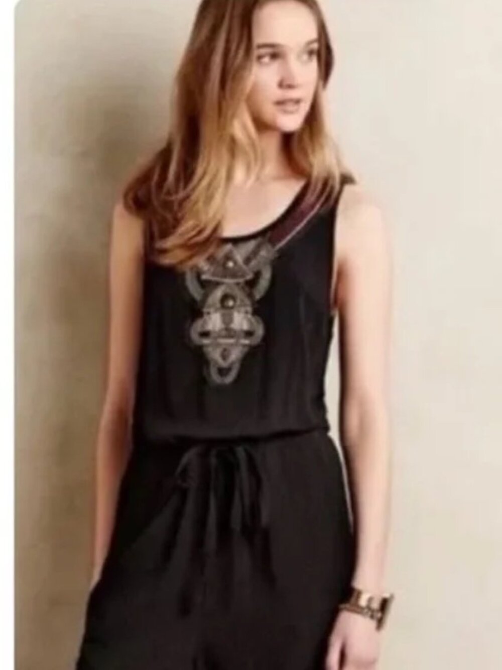 Anthropologie Lilka Black Allete Jumpsuit Geometric Embroidery Beading Size M